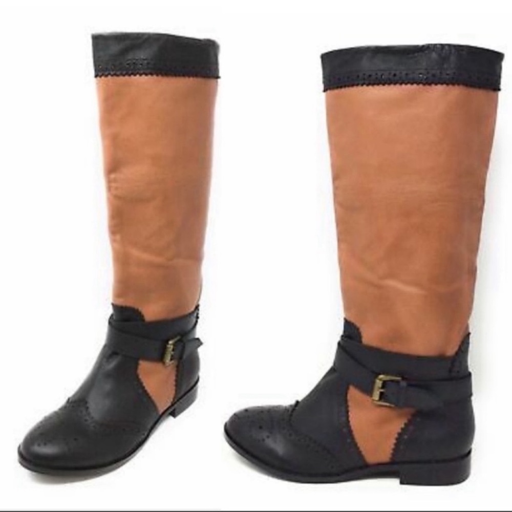 Cynthia Vincent Leather Color Block Tan Black Boots 7